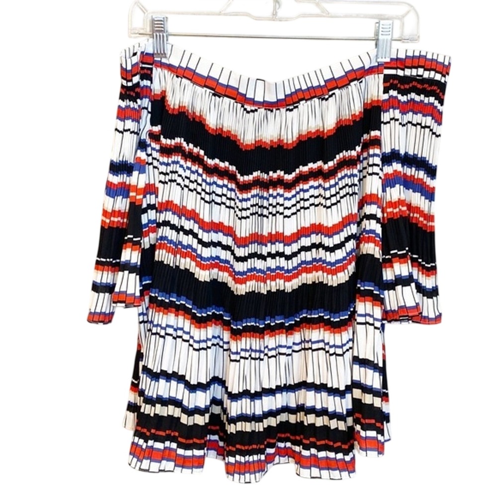Sugar Lips Women Red White Blue Striped Pleated Off Shoulder Bell Sleeve Top M
